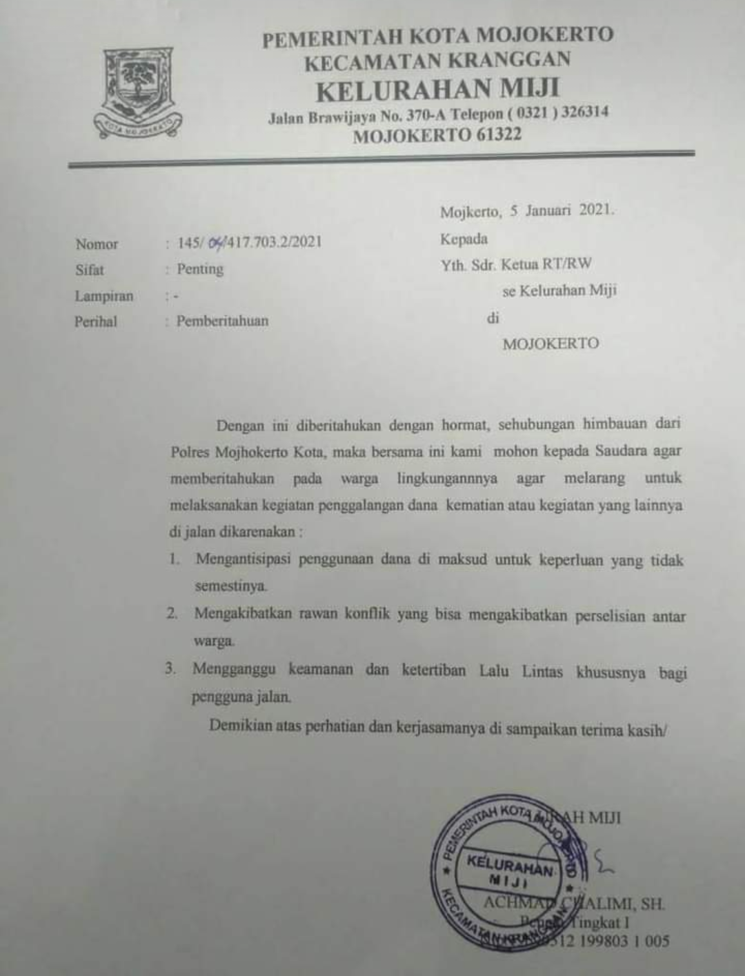 Surat Pemberitahuan dari Kelurahan Miji