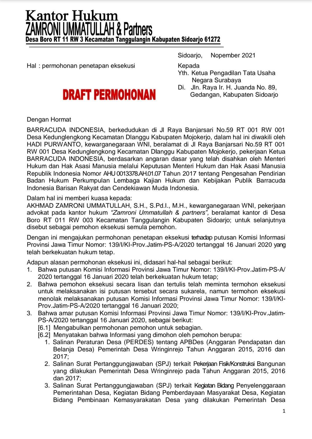 Pemdes Wringinrejo Tolak Putusan Komisi Informasi, BARRACUDA Indonesia Ajukan Penetapan Eksekusi