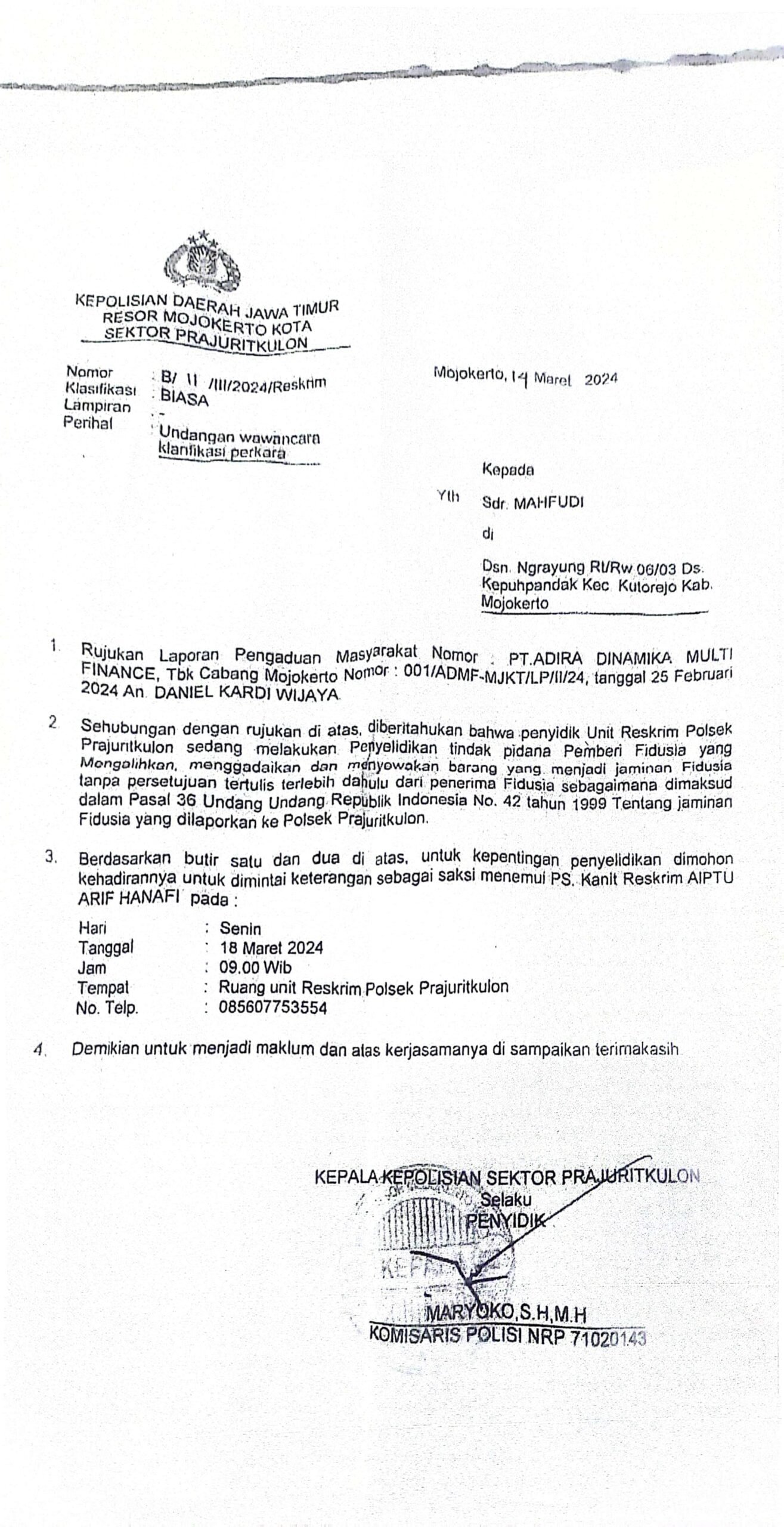 LBH Djawa Dwipa Dampingi Mahfudi Korban Fidusia Adira Finance Mojokerto 