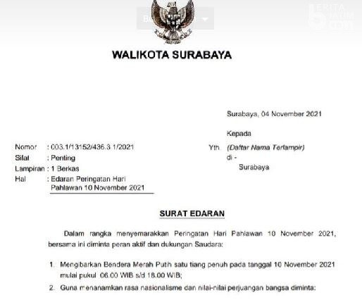 Peringatan Hari Pahlawan 10 November Pemkot Keluarkan Surat Edaran