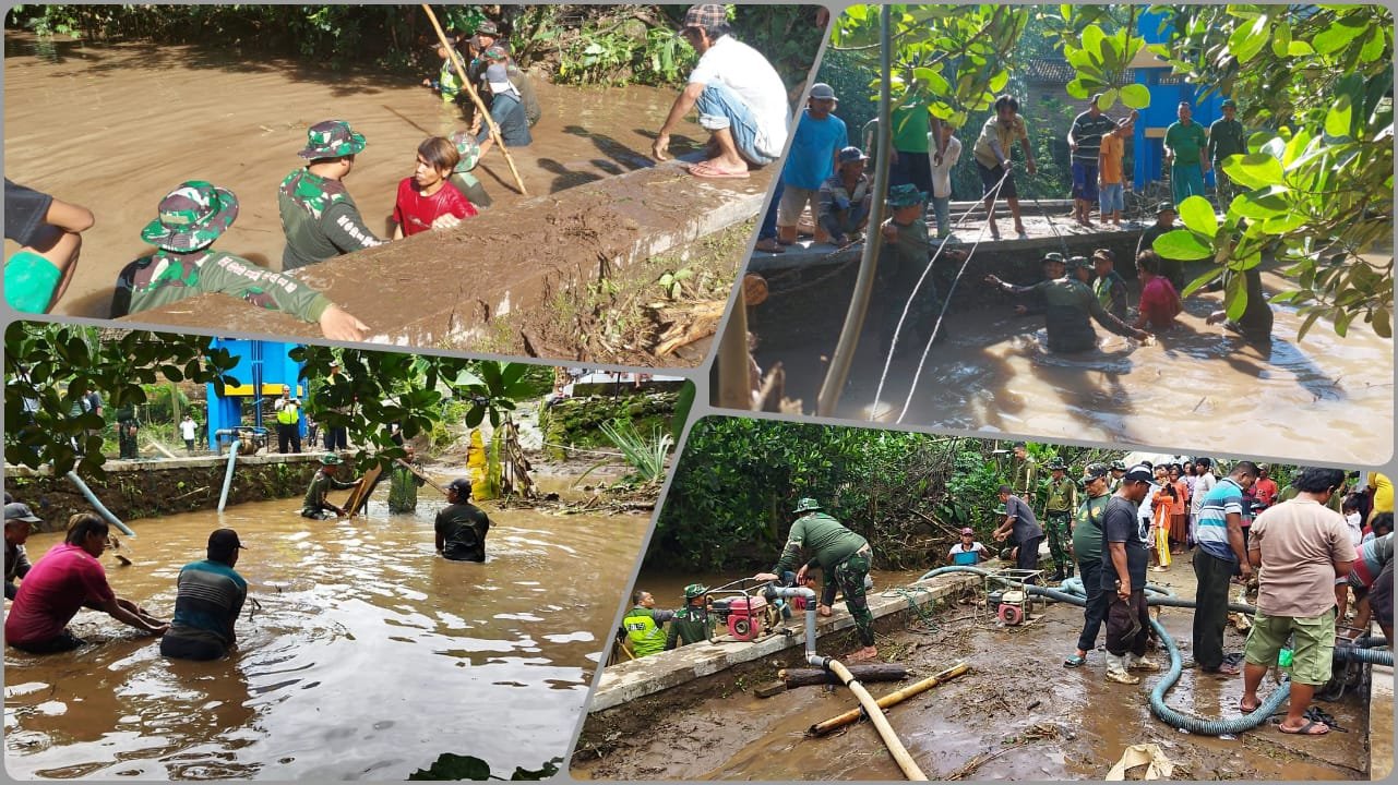 Antisipasi Banjir, Koramil Ngoro Bareng Tiga Pilar - Warga Bersihkan Sumbatan Jembatan