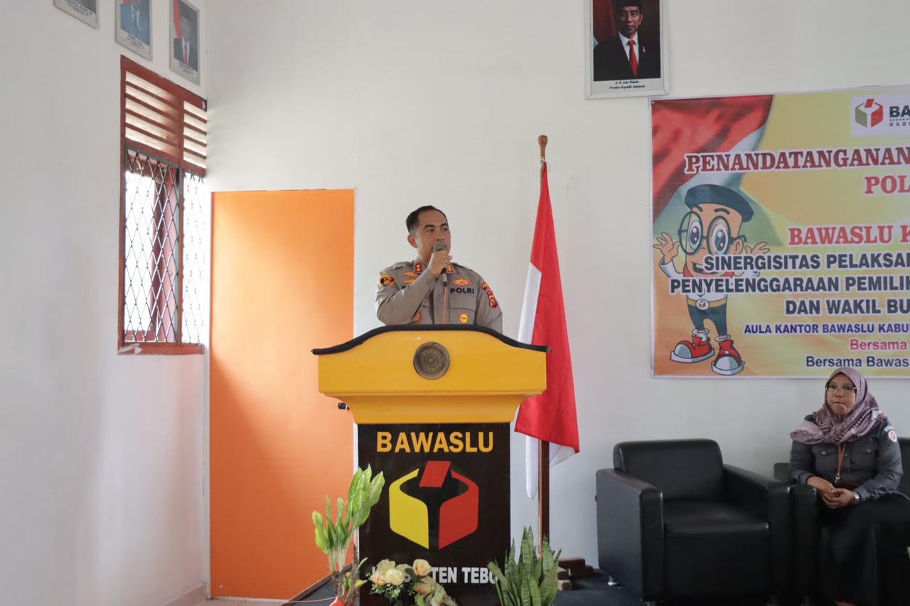 Sinergitas Polres Tebo,penandatanganan pedoman kerja teknis dengan Bawaslu kabupaten Tebo dalam penyelenggaraan pemilihan umum 2024