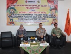 Sinergitas Polres Tebo,penandatanganan pedoman kerja teknis dengan Bawaslu kabupaten Tebo dalam penyelenggaraan pemilihan umum 2024