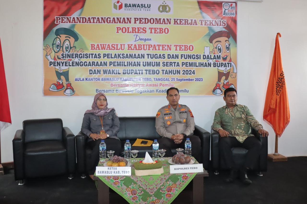 Sinergitas Polres Tebo,penandatanganan pedoman kerja teknis dengan Bawaslu kabupaten Tebo dalam penyelenggaraan pemilihan umum 2024