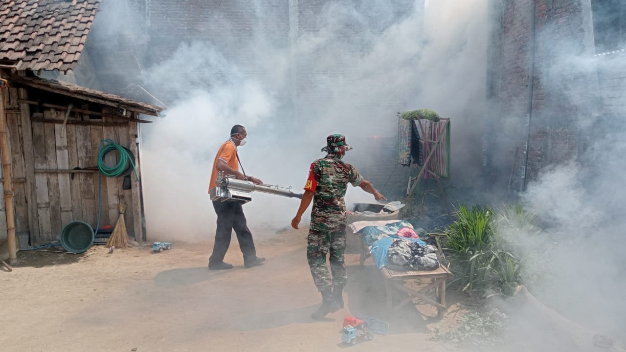 Antisipasi Demam Berdarah, Babinsa Bareng Pemdes Mojodowo Adakan Pengasapan