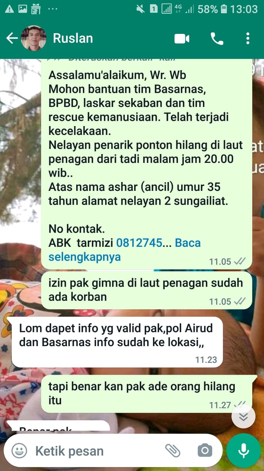 Penarik Ponton Hilang di Perairan Laut Penagan Sampai Saat Ini Korban Belum di Temukan