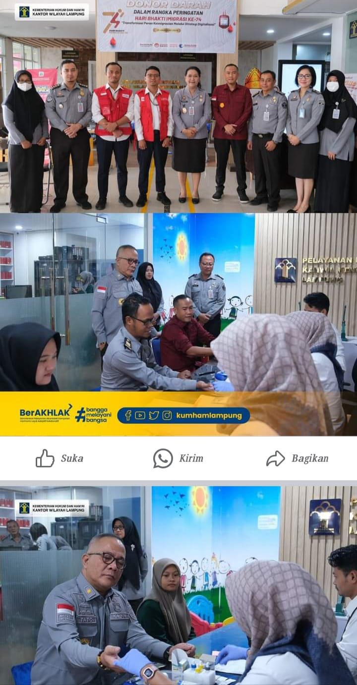 Donor Darah Kanwil Kemenkumham Lampung, Warnai Semarak Hari Bhakti Imigrasi Ke-74