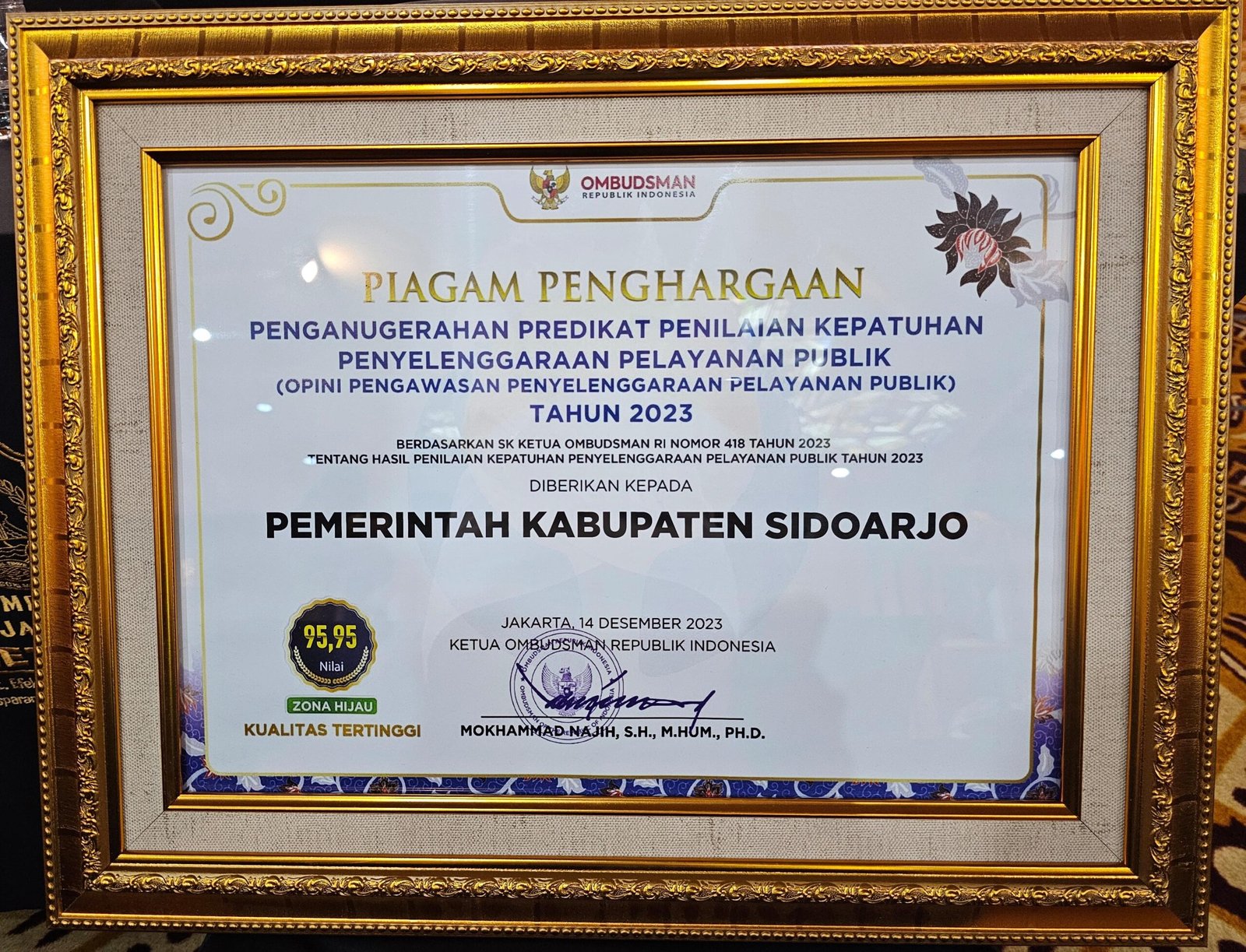 Pelayanan Publik Sidoarjo Zona Hijau Kualitas Tertinggi, Ombudsman RI Beri Nilai 95,95