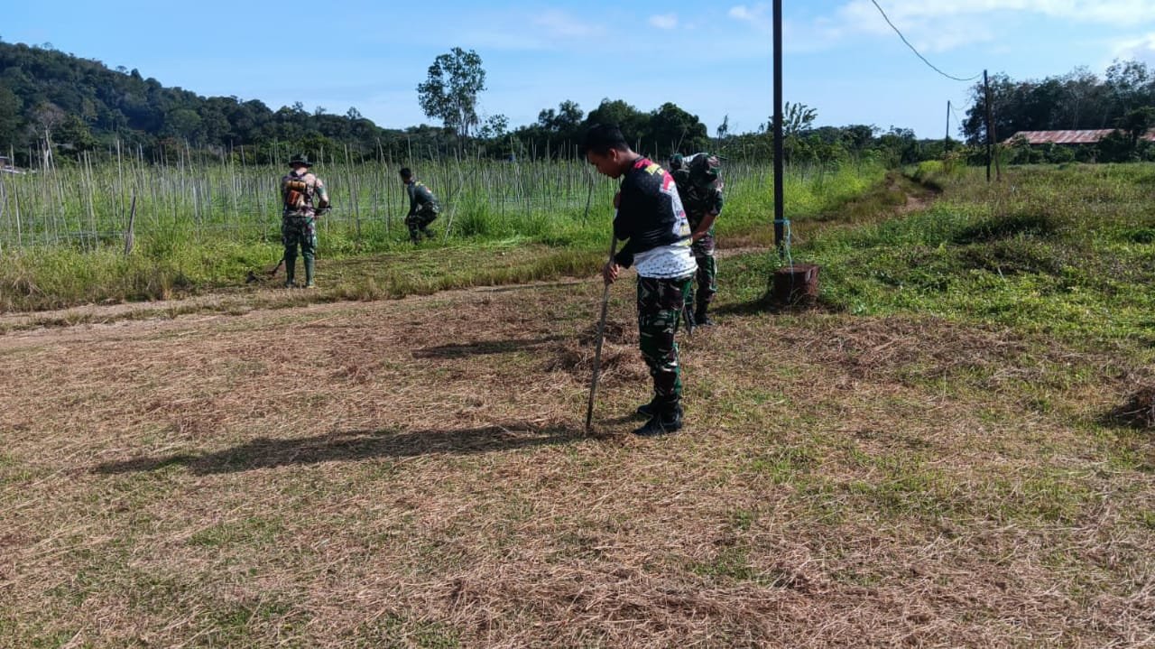 Penyiapan lahan kosong untuk kebun sayur mayur oleh satgas TMMD.( Dok TMMD)