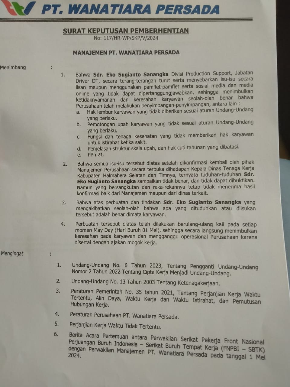 Memperingati Hari Buruh Internasional, Tiga Buruh FNPBI di PT Wanatiara Persada (Perusahaan Nikel) Pulau Obi, Halmahera Selatan di PHK Sepihak