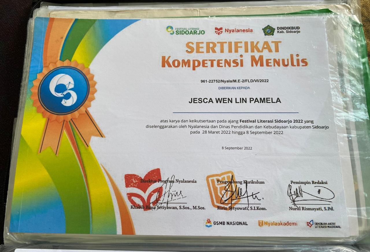 Piagam Penghargaan Jesca Wen Lin Pamela