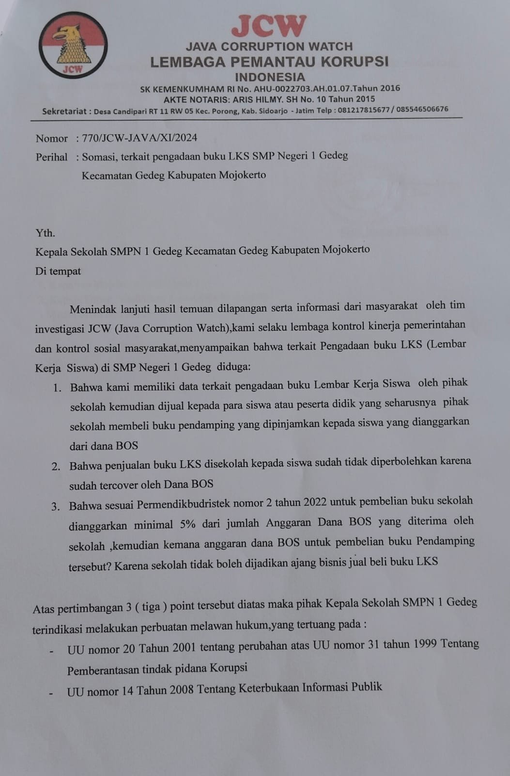 Ketua LIPPI Tanggapi Somasi JCW yang Resahkan Guru dan Kepala Sekolah di Mojokerto