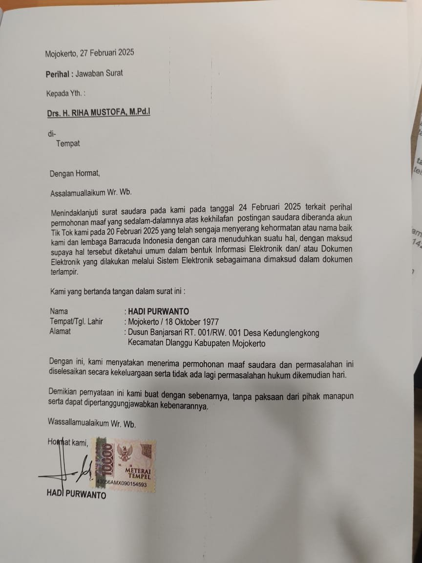 Hadi Purwanto Berdamai dengan Riha Mustofa