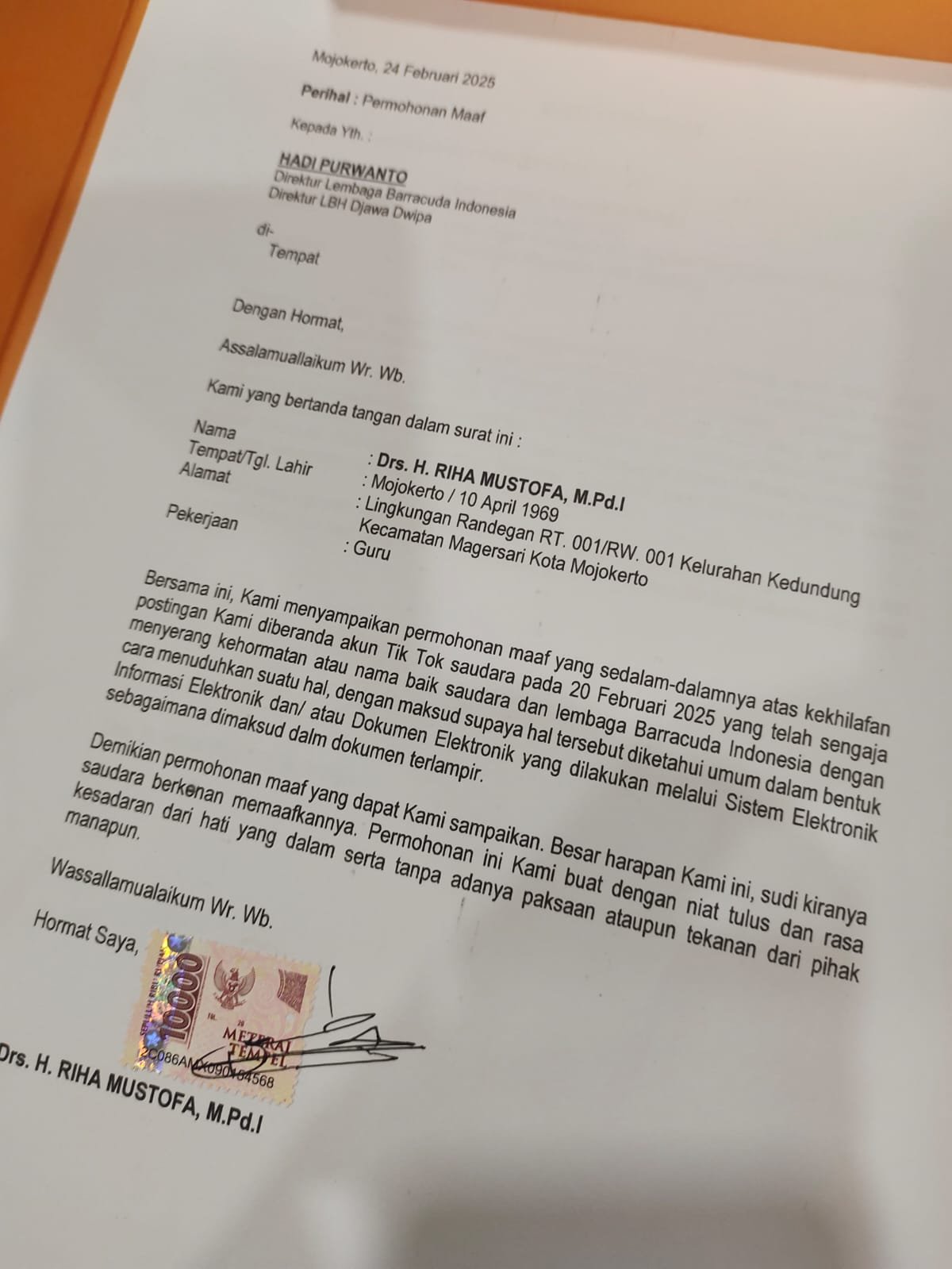 Hadi Purwanto Berdamai dengan Riha Mustofa