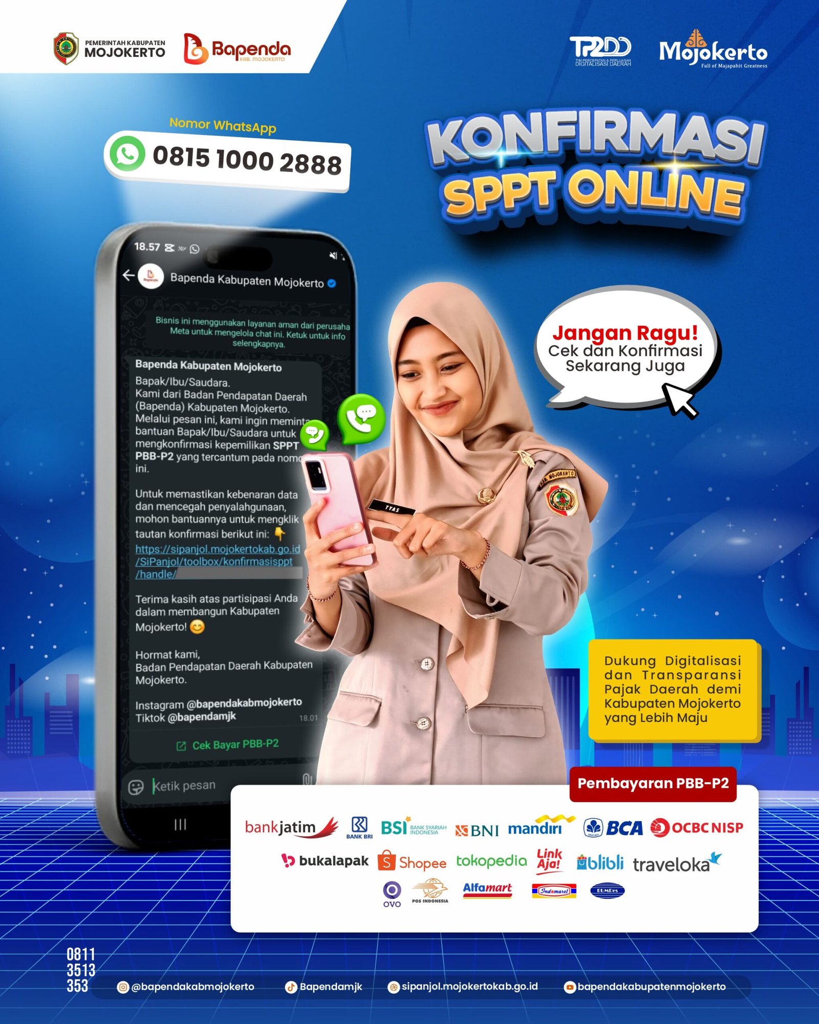 Inovatif, Bapenda Kabupaten Mojokerto Luncurkan Layanan Konfirmasi SPPT Online Lewat WhatsApp Resmi