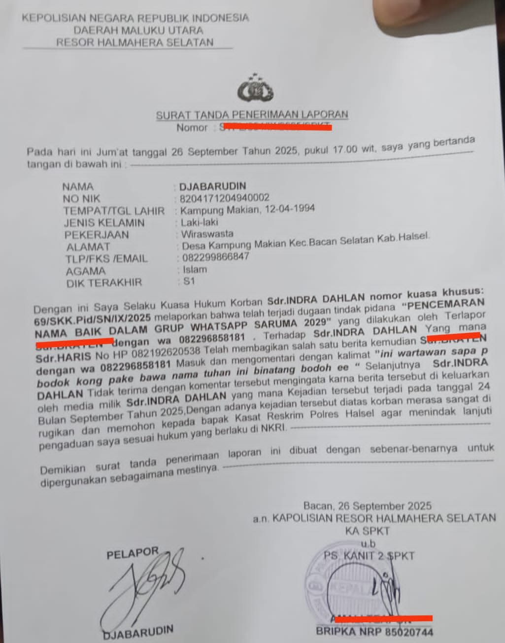 Wartawan FAKTAHALMAHERA Laporkan Pencemaran Nama Baik di Medsos Ke Polres Halsel