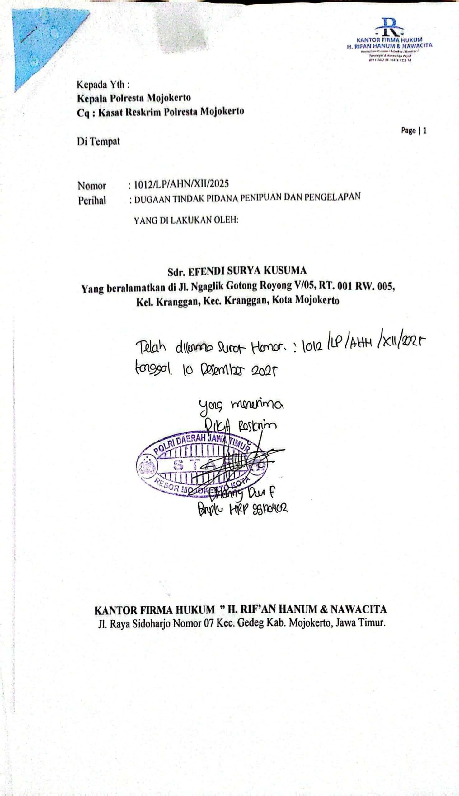 Warga Tuntut Keadilan, Advokat Hanum Polisikan Direktur Perumahan Djati Permai Desa Sidoharjo Gedeg Mojokerto