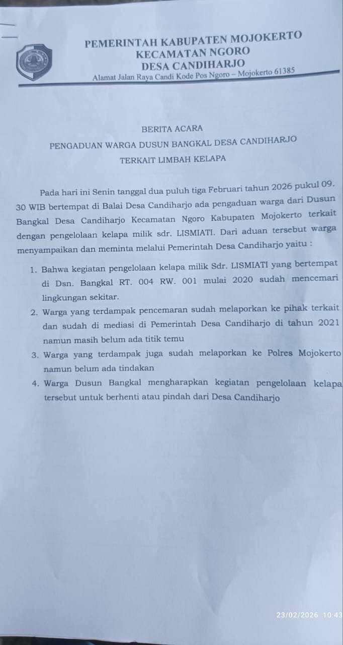Warga dan Pemerintah Desa Candiharjo Desak Lismiati Hentikan Usaha Kelapanya agar Tidak Cemari Lingkungan
