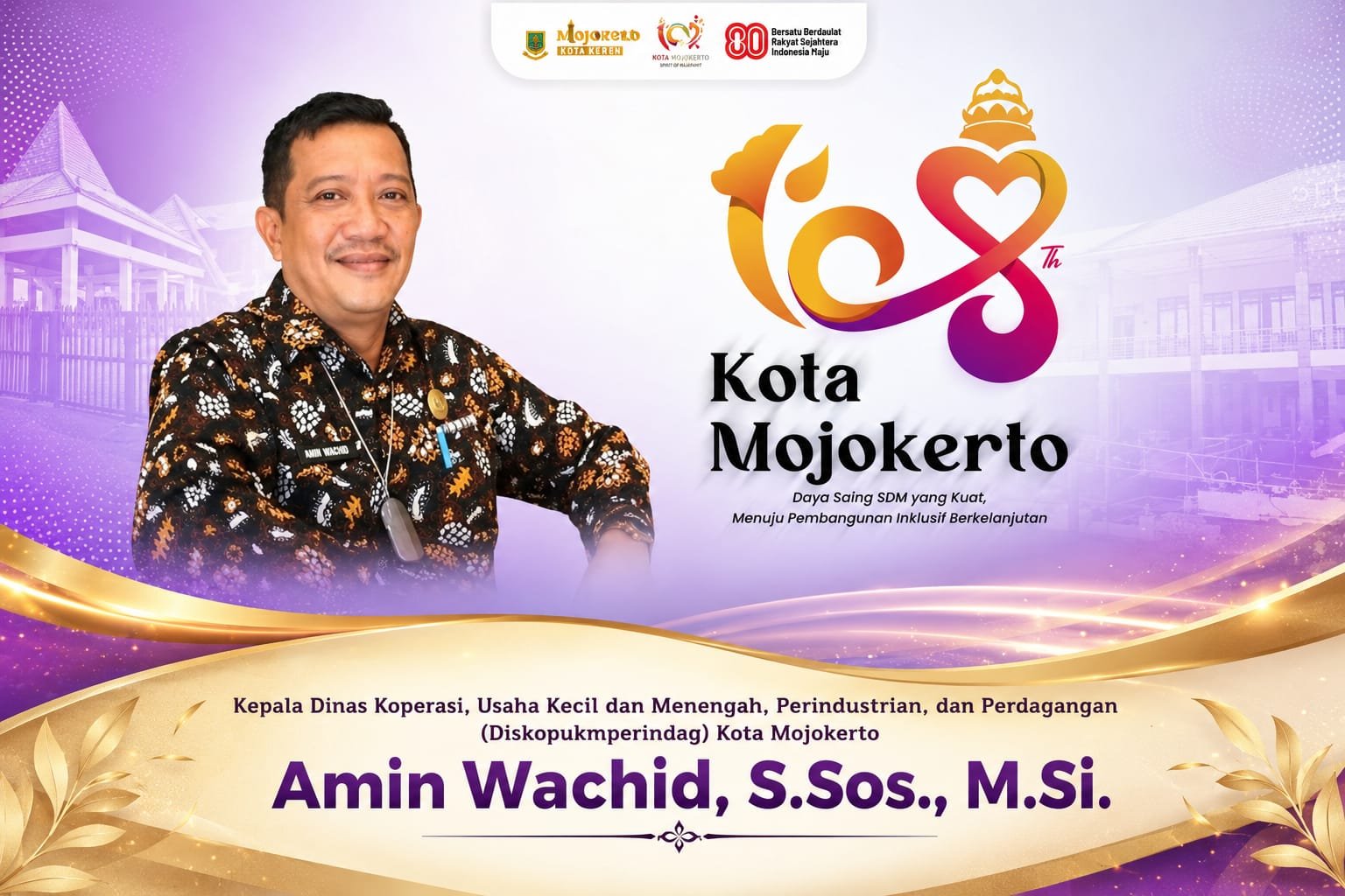 Kepala Dinas Koperasi, Usaha Kecil dan Menengah, Perindustrian, dan Perdagangan (Diskopukmperindag) Kota Mojokerto Mengucapkan Dirgahayu Kota Mojokerto ke-108