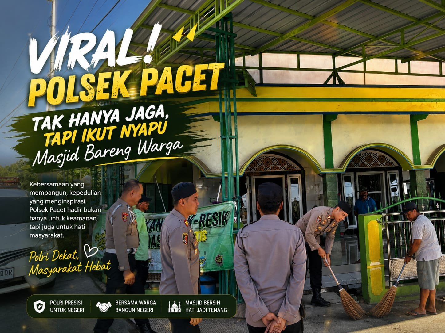 Viral! Polsek Pacet Tak Hanya Jaga, Tapi Ikut Nyapu Masjid Bareng Warga