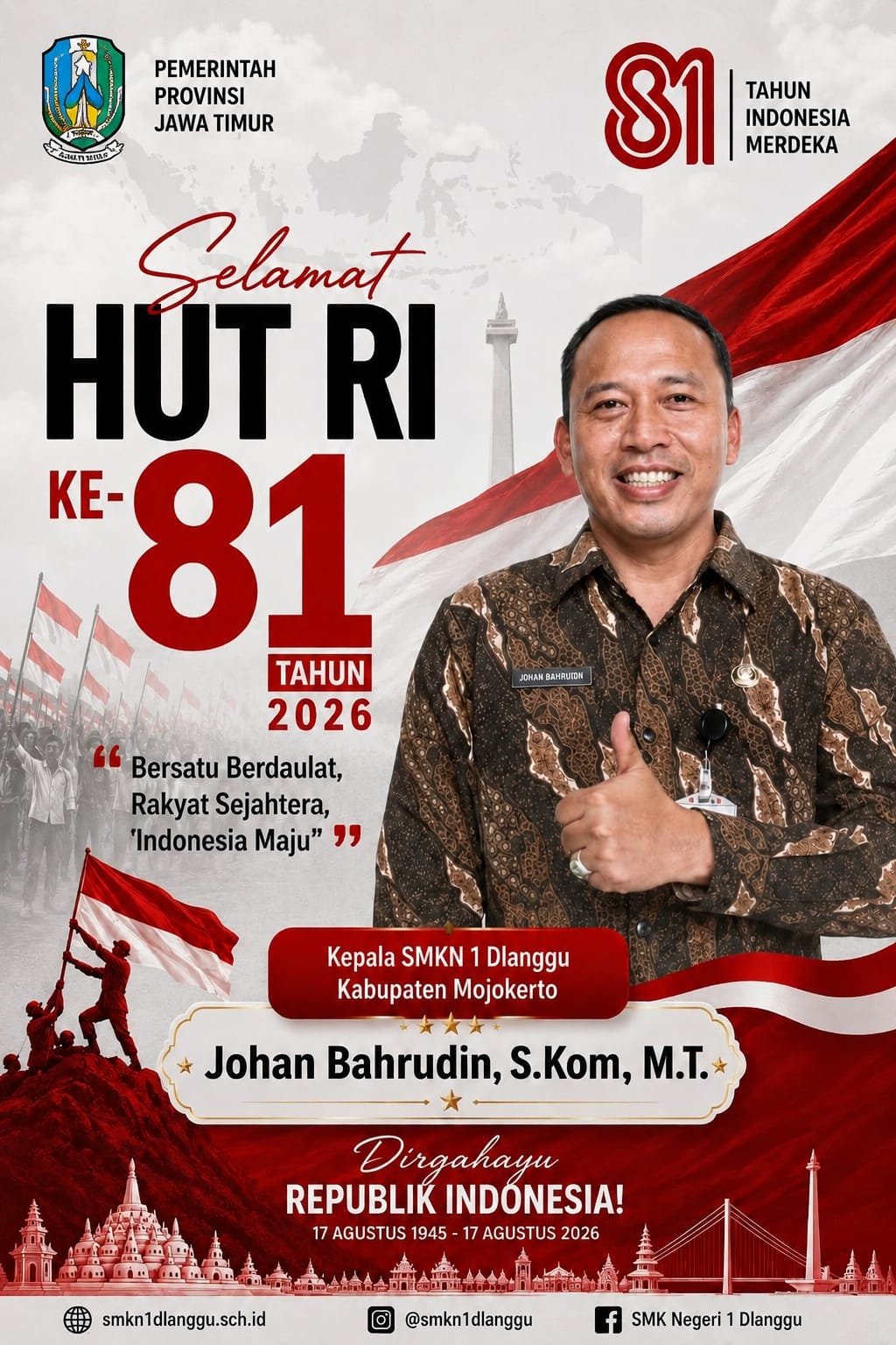 Kepala SMKN 1 Dlanggu Kabupaten Mojokerto Mengucapkan Selamat HUT RI ke-81 Tahun 2026