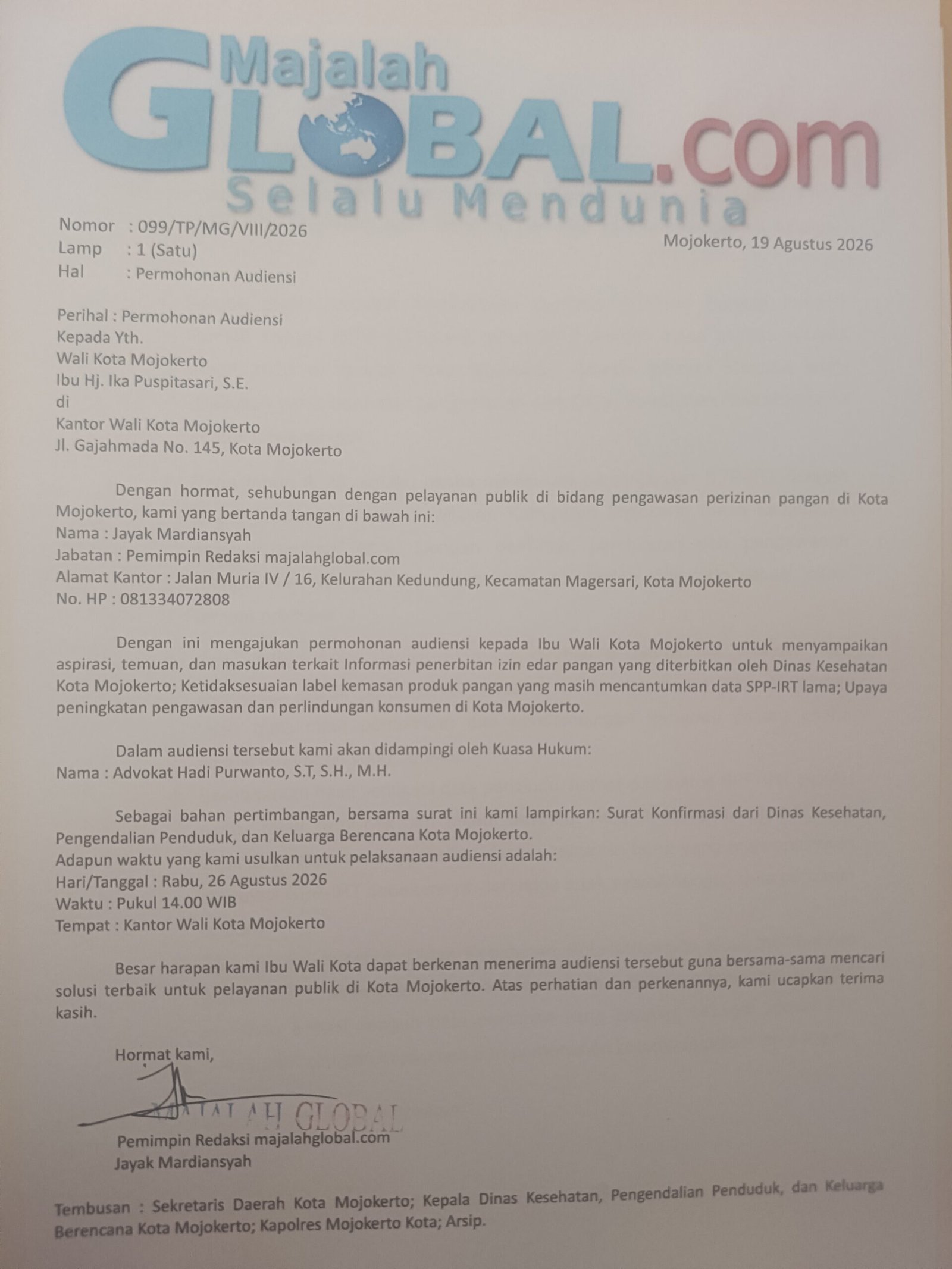 Temukan Label Pangan Tak Sesuai Izin, Kuasa Hukum Majalah Global Minta Wali Kota Mojokerto Copot Kadinkes Kota Mojokerto