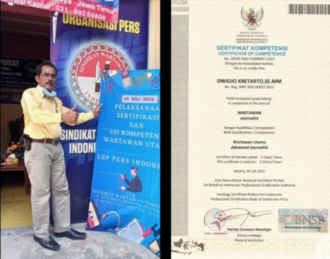 Pimred Jejak Jurnalis Terima Sertfikat Wartawan Utama Berlogo BNSP