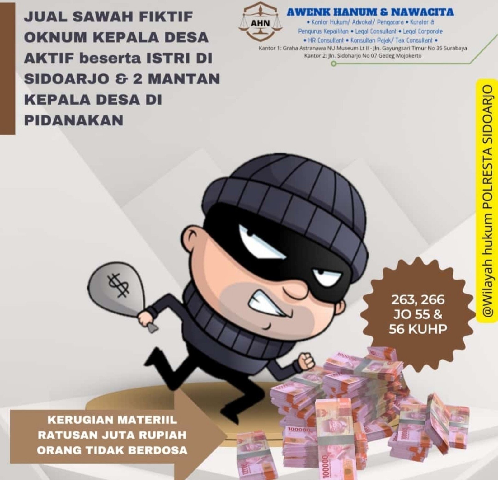 Jual Sawah Fiktif, Oknum Kades dan Mantan Kades di Sidoarjo Dipolisikan