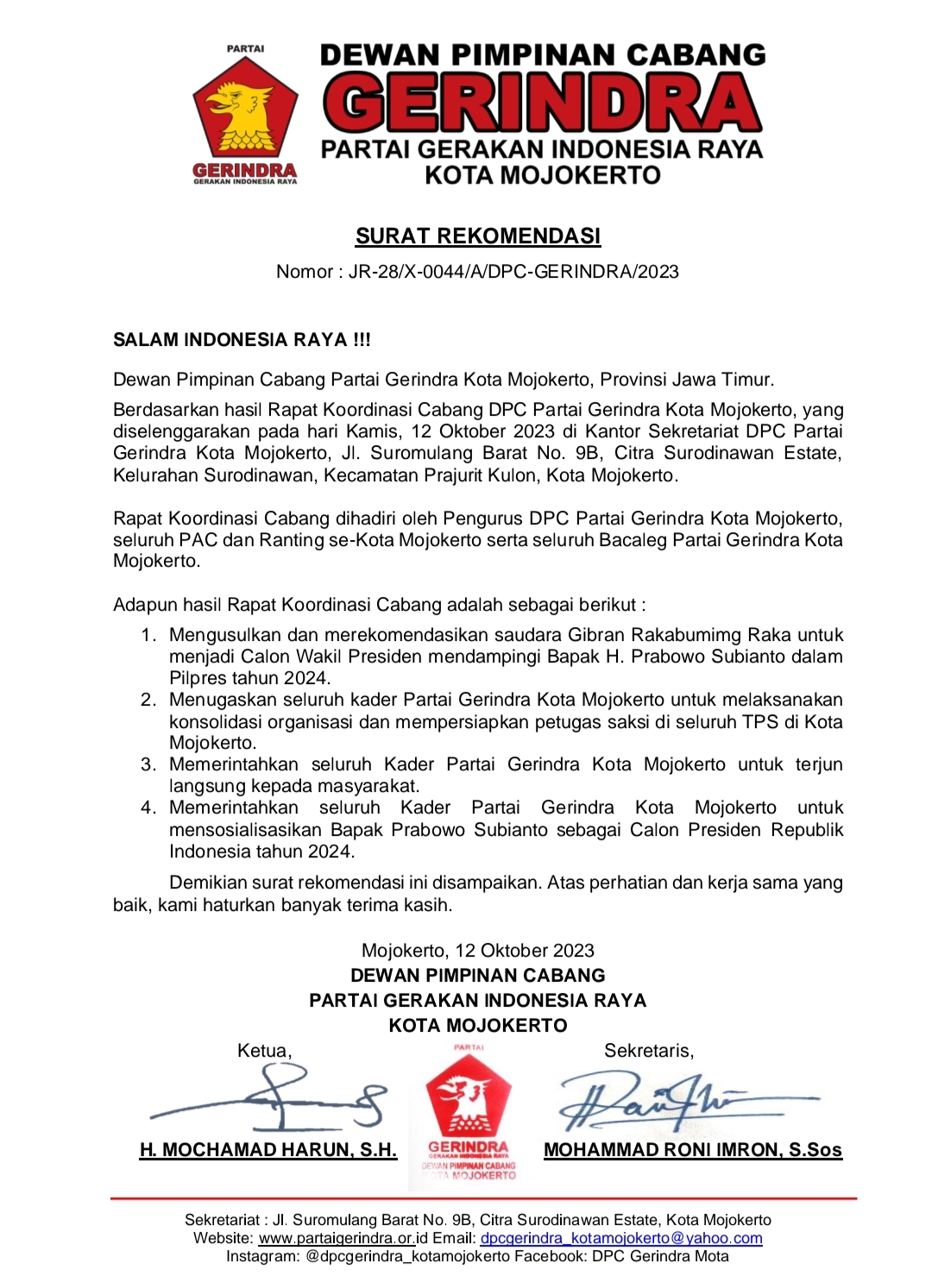 Gerindra Kota Mojokerto Rekomendasikan Gibran Dampingi Prabowo di Pilpres 2024