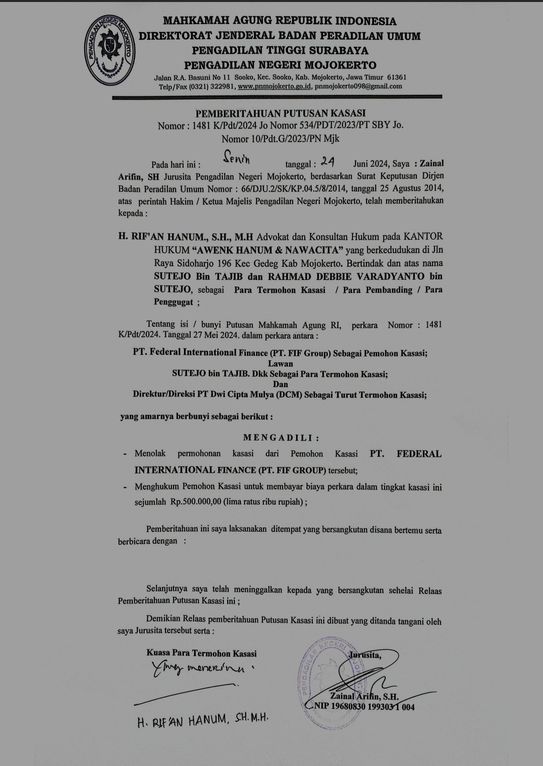 Advokat Rif'an Hanum Menang Gugatan, FIF Mojokerto Dinyatakan Melakukan PMH dan Bayar Ganti Rugi Materiil