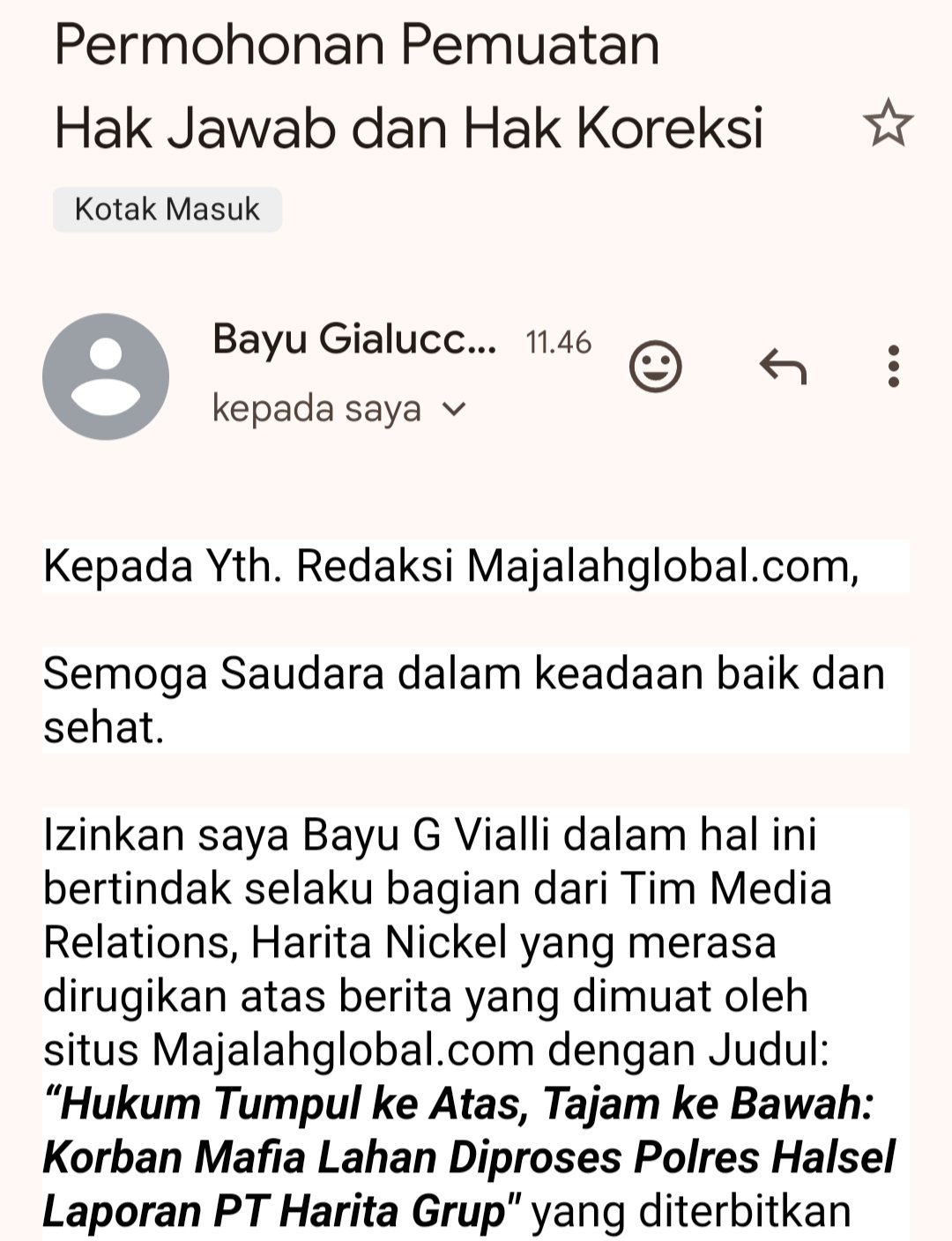 Hak Jawab atas Artikel "Hukum Tumpul ke Atas, Tajam ke Bawah: Korban Mafia Lahan Diproses Polres Halsel Laporan PT Harita Grup"