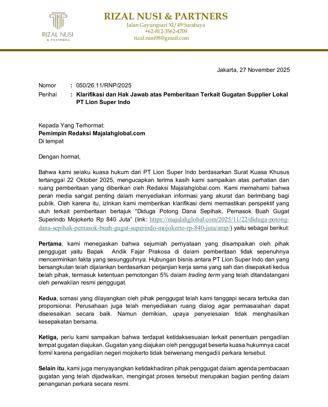 PT. Lion Super Indo Klarifikasi Dugaan Pemotongan Dana Sepihak