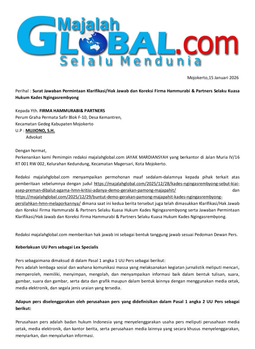 Surat Jawaban Permintaan Klarifikasi/Hak Jawab dan Koreksi Firma Hammurabi & Partners Selaku Kuasa Hukum Kades Ngingasrembyong