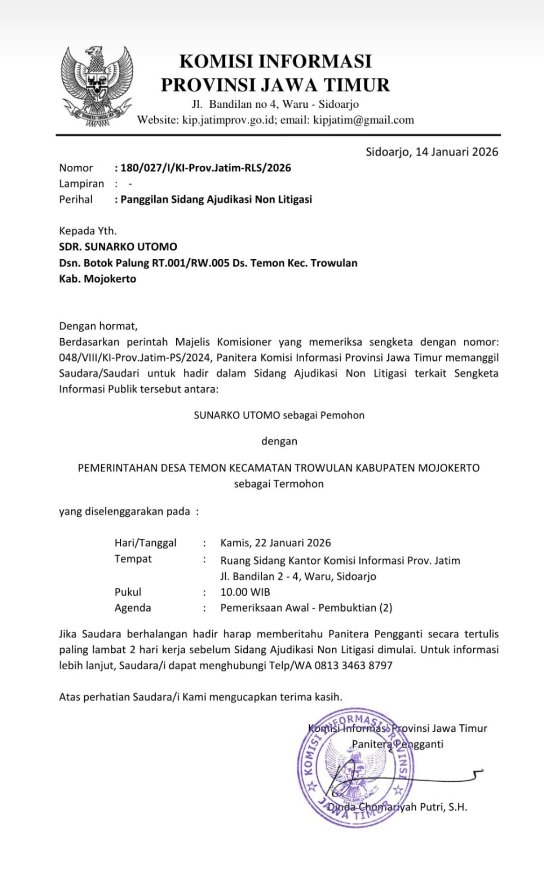 Kepala Desa Temon Tidak Hadir dalam Sidang Sengketa Informasi Publik