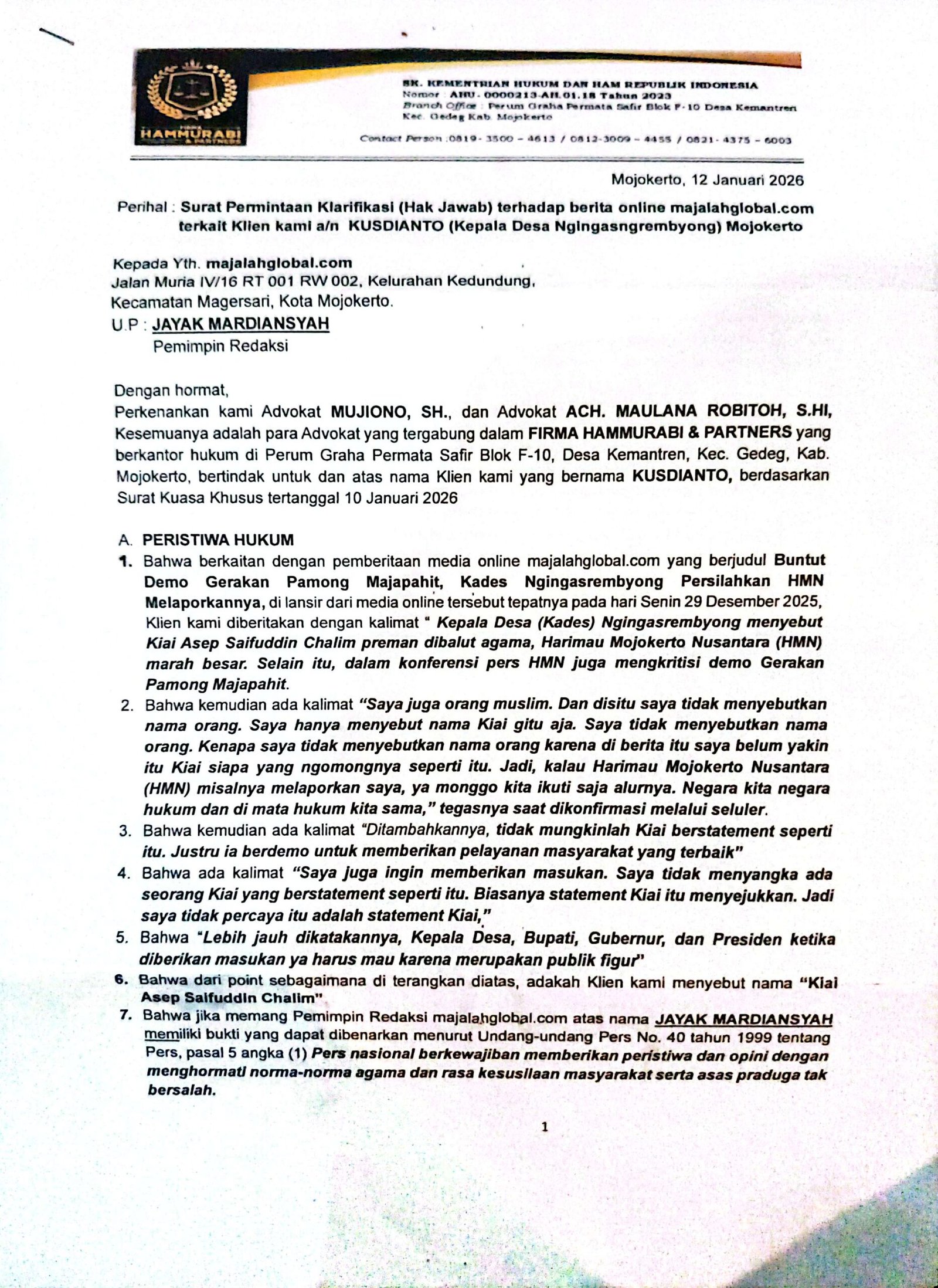 Klarifikasi/Hak Jawab dan Koreksi Firma Hammurabi & Partners Selaku Kuasa Hukum Kades Ngingasrembyong