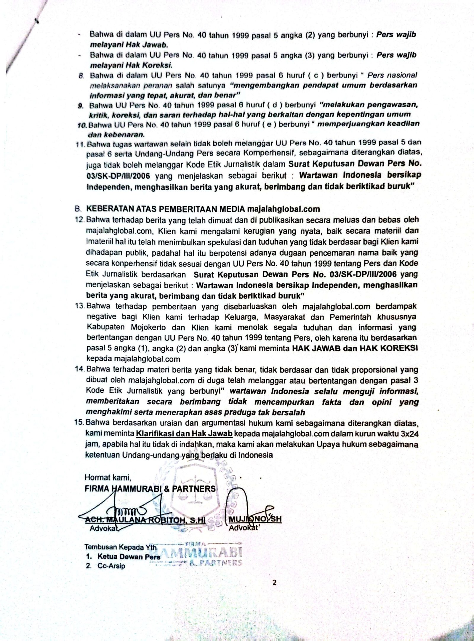Klarifikasi/Hak Jawab dan Koreksi Firma Hammurabi & Partners Selaku Kuasa Hukum Kades Ngingasrembyong