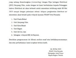 Pengumuman Penghentian Pendistribusian Air PDAM Tirta Peusada