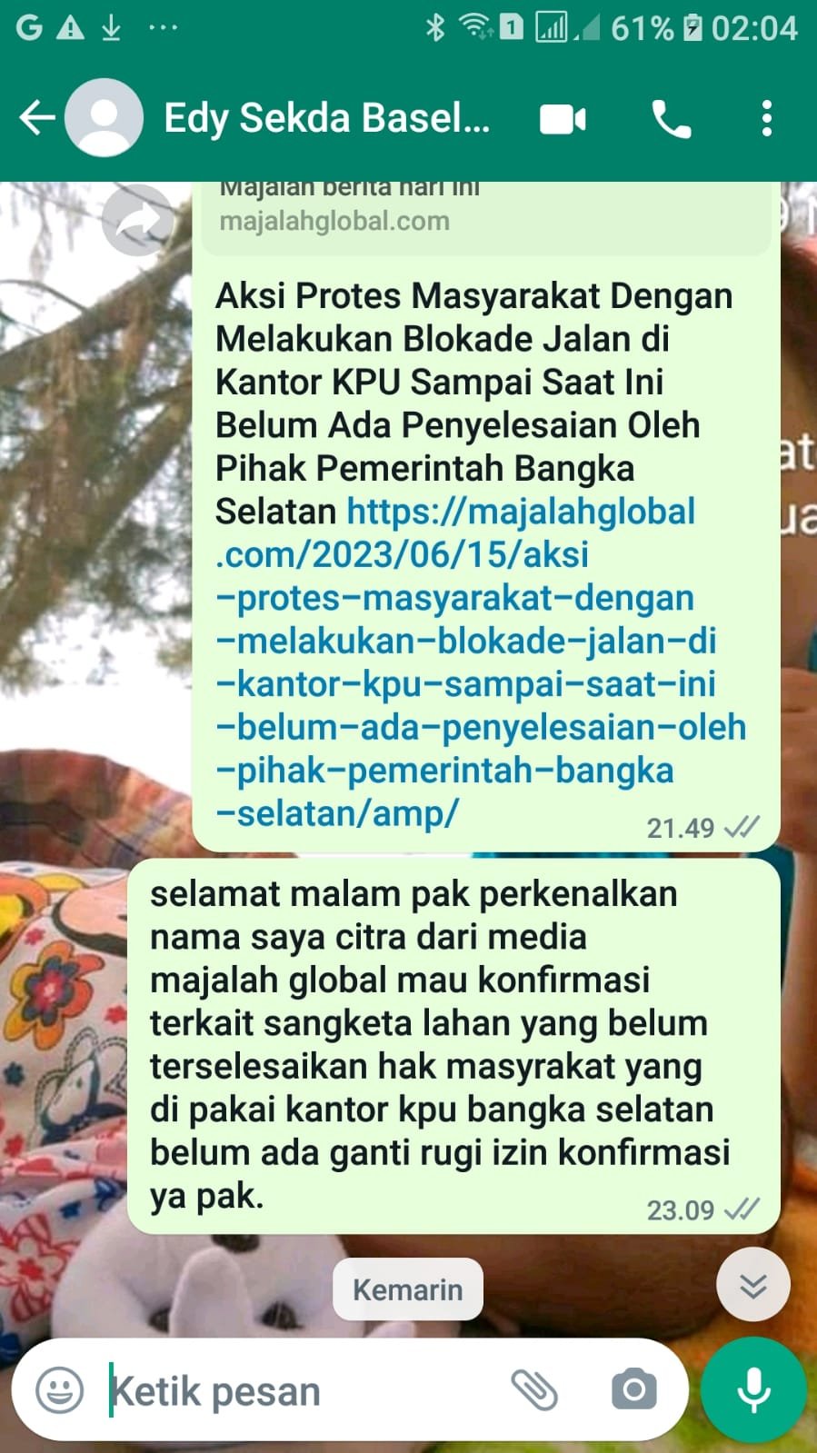 Putra Pemilik Lahan Sengketa Menunggu Janji Sekda Bangka Selatan Adanya Ganti Rugi Dan Sampai Saat Ini Belum Terselesaikan