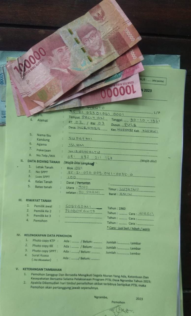 Dugaan Pungli PTSL Yang Terjadi di Desa Ngrambe Kabupaten Ngawi