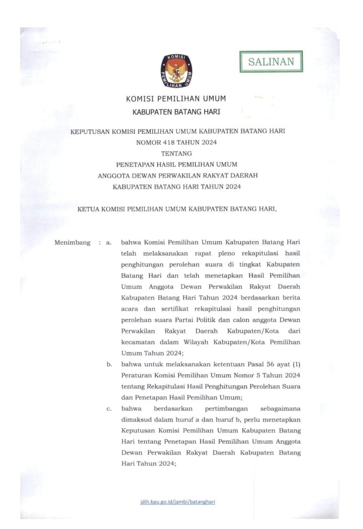 Hasil Rekapitulasi Pemilu Tahun 2024 KPU Batang Hari Gelar Rapat Pleno Terbuka