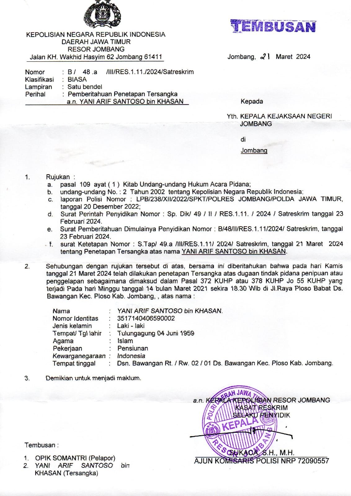 Akhirnya YAS Pelaku Penipuan CPNS, Ditangkap oleh Satreskrim Polres Jombang