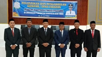 Penjabat (Pj) Bupati Aceh Timur, Ir. Mahyuddin, M.Si melantik sejumlah pejabat jabatan pimpinan tinggi pratamadi lingkungan Pemerintah Aceh Timur