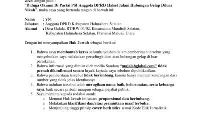Hak Jawab dan Hak Koreksi Anggota DPRD Halsel Berinisial YM