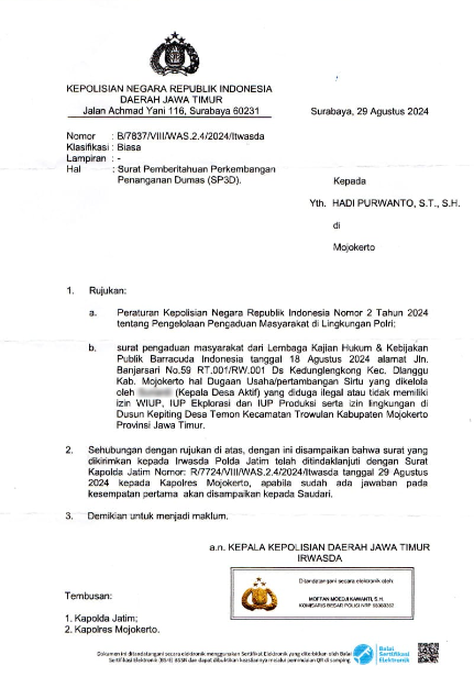 Kapolda Jatim Serius Menangani Dugaan Pidana Pertambangan Ilegal yang Diduga Dilakukan oleh Kades Temon Trowulan Mojokerto
