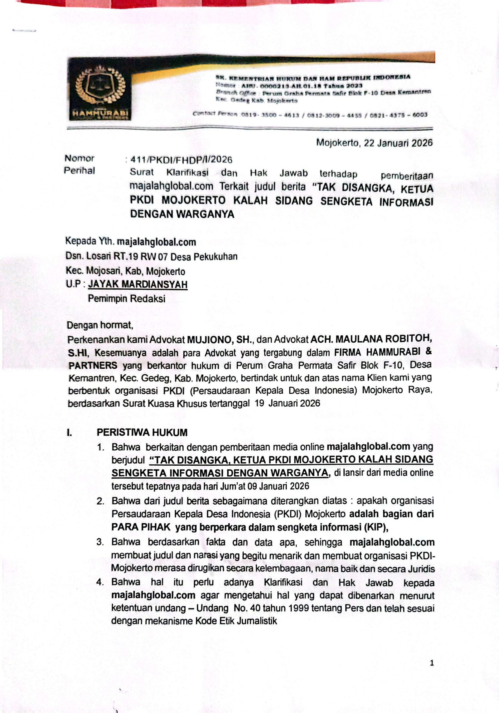 Hak Jawab Berita PKDI Mojokerto